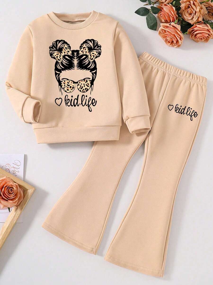 Tween Girl Cartoon Print Crew Neck Sweatshirt And Flare Pants Set - Khaki - View 1