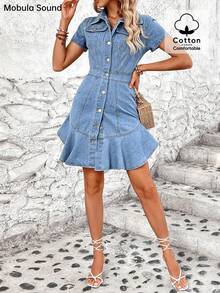 Mobula Sound#时尚休闲度假性感音乐节旅游度假鱼尾纽扣袖口优雅女士连衣裙，蓝色牛仔，春夏 - 藍色 - 查看 2