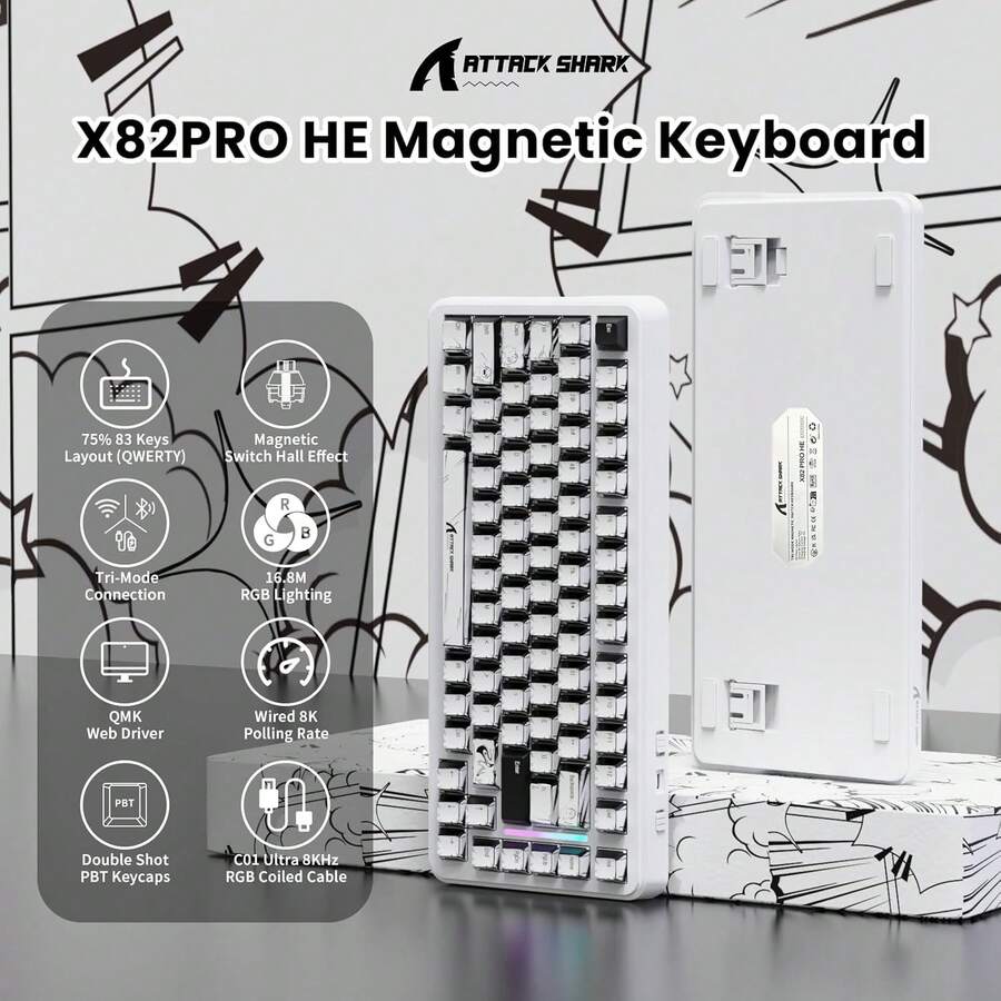 ATTACK SHARK X82PRO HE Wireless Rapid Trigger RGB Mechanical Gaming Keyboard With Adjustable Actuation,2.4G/Wired/BT,8K Polling Rate,Hall Effect Magnetic Switch,5000mAh Battery For PC FPS - Multicolor - View 1