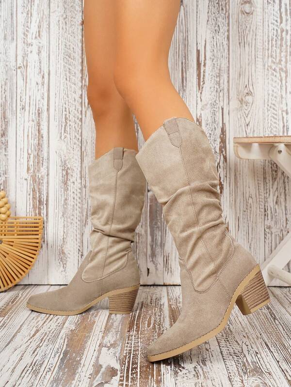 Women's Thick Heel Merlot Minimalist Plus Size Tall Boots, Fashion Versatile Personalized Slouchy Boots For Spring & Autumn