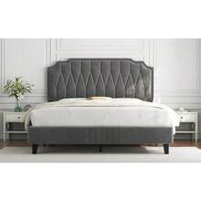 4ft6 Double Upholstered Bed Frame With Adjustable Button Tufted Headboard Veet Fabric Sturdy Wooden Slat Port No Box Spring Needed Dark Grey - DarkGrey - View 2