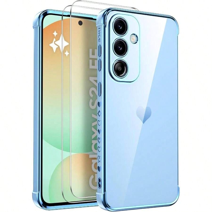 For Samsung Galaxy A16 4G/5G Case With 2 Screen Protector, Full Camera Lens Protection, Heart Plated Girly Women Heart Soft TPU Shockproof Samsung A16 Phone Case, Blue