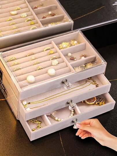 1pc 3-Tier Velvet Drawer Jewelry Box With Crystal Knobs. It Has Clear Plastic Divided Compartments To Store Rings, Earrings, Necklaces And Pendants, An Elegant Luxury Organizer For Jewelry Storage And Display On Dressing Tables, Gift For Her