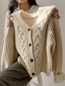 JIANHU Women's Vintage Chunky Knit Cardigan For Fall & Winter - Button Front, Long Sleeve, Perfect For Valentine's Day And Beyond,Long Sleeve Tops - Apricot - View 5