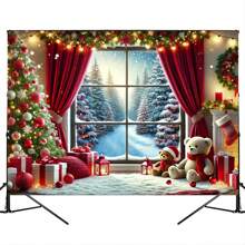 Pânză de fundal de Crăciun din Țara Minunilor de iarnă - Scenă de sat de zăpadă din fibră de poliester cu copaci, cadouri și fulgi de zăpadă, potrivită pentru petreceri de festival și recuzită foto