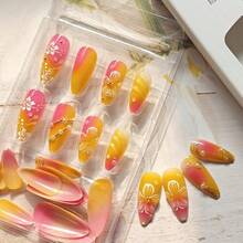 24Pcs Flower Press On Nails Medium Almond Fake Nails 3D Floral With Gold Pearl Rhiness Itter Ossy Design Orange Full Cover Stick On Nails Spring Summer False Nails For Women Acrylic Nails-0345 - 橘色 - 查看 5