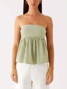 Women Summer Flowy Tube Top Y2k Solid Color Strapless Off The Shoulder Loose Fit Babydoll Bandeau Crop Tops Backless Sleeveless Going Out Tops Vests Shirts Casual Streetwear - 綠色 - 查看 4