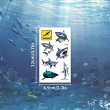 10 件鲨鱼临时纹身，可爱鲨鱼贴纸，夏日派对化妆套装，儿童礼物，防水且易于去除 - 藍色 - 查看 3
