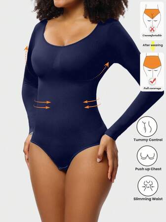 1 Stück Damen Schwarze nahtlose Crew Neck Langarm Formwäsche, vollständige Abdeckung bequemer Bodysuit