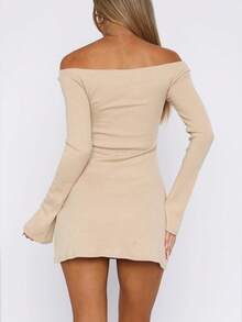 女士秋冬时尚贴肤收腰A字长袖连衣裙，适合约会和通勤 - 卡其色 - 查看 3