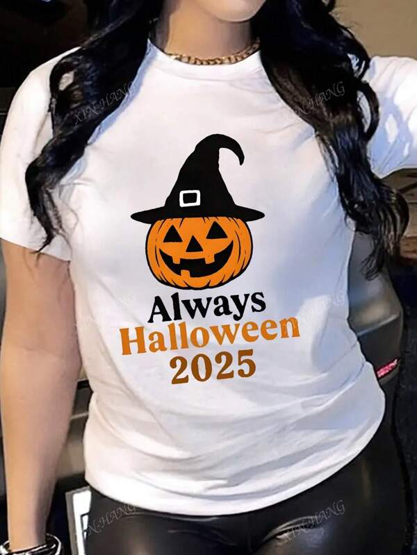 Grappig T-shirt met pompoenprint, casual top met ronde hals en korte mouwen voor Halloween, zomer en herfst, dames