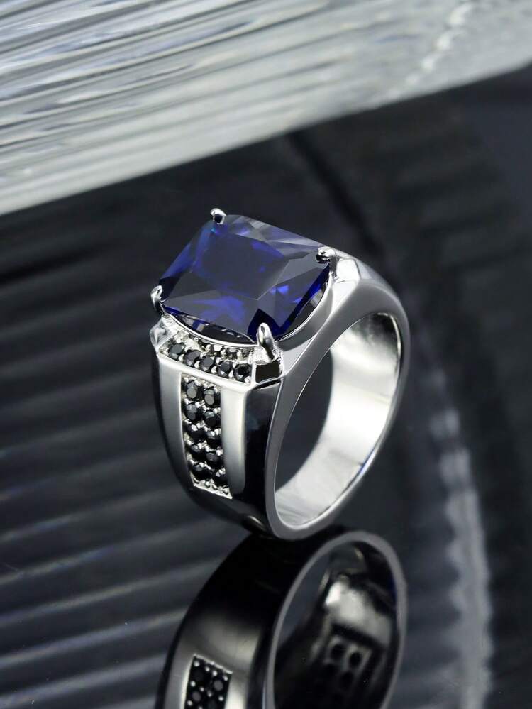 1 chiếc nhẫn nam bạc S925 đính đá chính carat lớn, đá sapphire xanh nhân tạo, trang sức cao cấp và thời trang dành cho nam giới, thích hợp làm quà tặng cho tiệc tùng, đám cưới, ngày lễ và Ngày của Cha. - Bạc - Xem 6