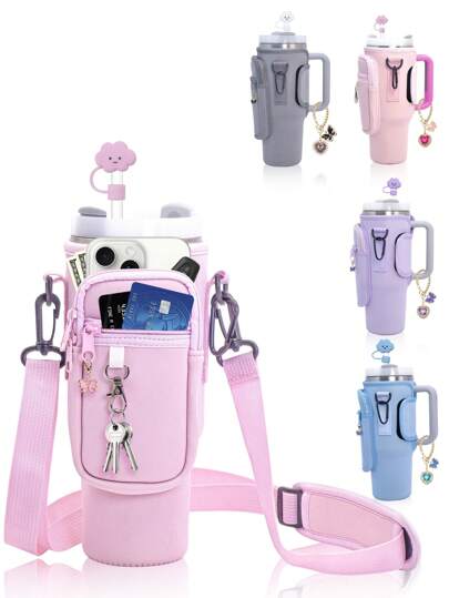 1set 40 Oz Case With Adjustable Shoulder Strap And Straw Hat Accessories,Double Storage Bag, Compatible With Stanley 40oz 30oz Tumbler,Neoprene Bottle Sleeve Pouch With Adjustable Shoulder Strap, Cup Accessory For Outdoor Activities, Office, Travel, Gifts, Sportss, Carry-On Bottle Accessory