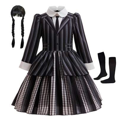 三件套学生制服套装，条纹连衣裙+假发+袜子，儿童万圣节嘉年华服装，生日派对角色扮演