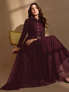 Elegant Women's Rhinestone Collar A-Line Mesh Patchwork Bodycon Dress Spring - Burgundy - View 8