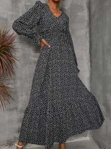 Women's Polka Dot V-Neck Dress - Light Luxury Mature Style Waist-Cinched Flared Sleeve, Spring Fall Summer Print Elegant Versatile Maxi Dress - 黑色 - 查看 4