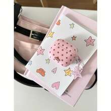 不对称粉色格子蓝星印花耳机套+星星吊坠套装，兼容苹果Pro 2/Pro/4/3/2耳机，时尚女士耳机套，简约艺术设计，使用前请撕掉保护膜 - 粉色 - 查看 5