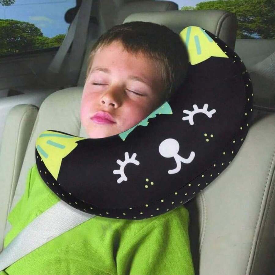 1 pieza Funda de almohada para cinturón de seguridad infantil, Almohadilla de soporte suave para hombro y cuello, Reposacabezas para cinturón de coche, Apto para viajes, avión, cochecito - Negro - Ver 1