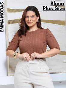 Women's Plus Size Slim Lesse Short Sleeve Social Casual Comfort Blouse - Rust Brown - View 1