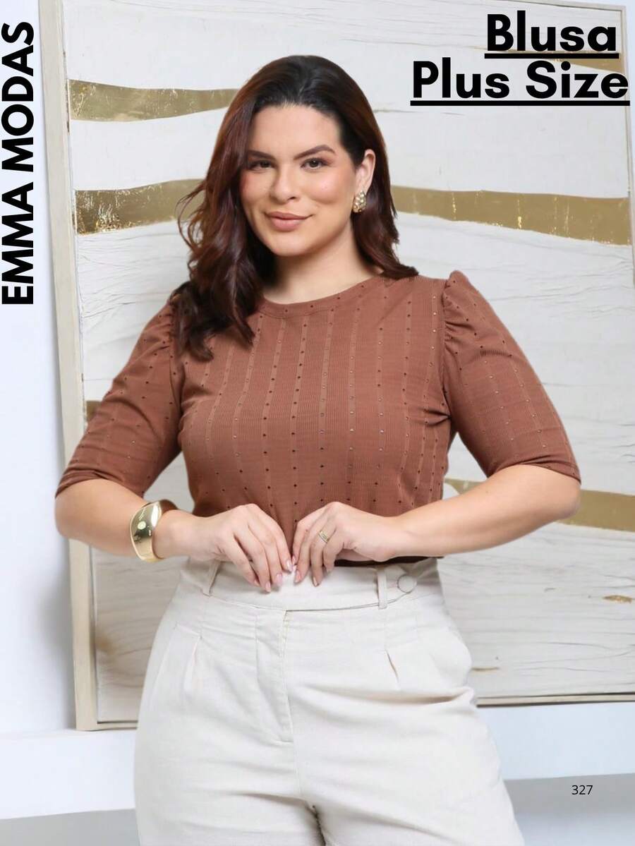 Women's Plus Size Slim Lesse Short Sleeve Social Casual Comfort Blouse - Rust Brown - View 1