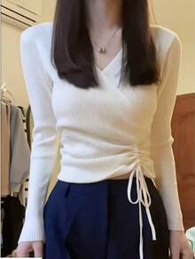 白色抽绳 V 领针织汗衫，修身短款长袖毛衣上衣，女士秋季 - 白色 - 查看 1