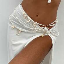 Fashionable Faux Pearl Starfish & Shell Pendant Waist Chain, Multi-Layer Pearl Waist Chain For Beach Vacation Bikini - Beige - View 3