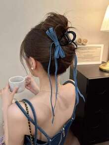 1个女士韩版时尚牛仔蝴蝶结发夹，13厘米，高端发爪发饰，适合日常使用、送礼、旅行、送给女性的礼物、美发用品、圣诞礼物 - 彩色 - 查看 16