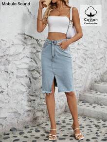 Middle East Spring/Summer Casual Vacation Y2K Campus Fashion Split Hem Denim Midi Skirt, Suitable For Young Women And Students - Blue - View 2