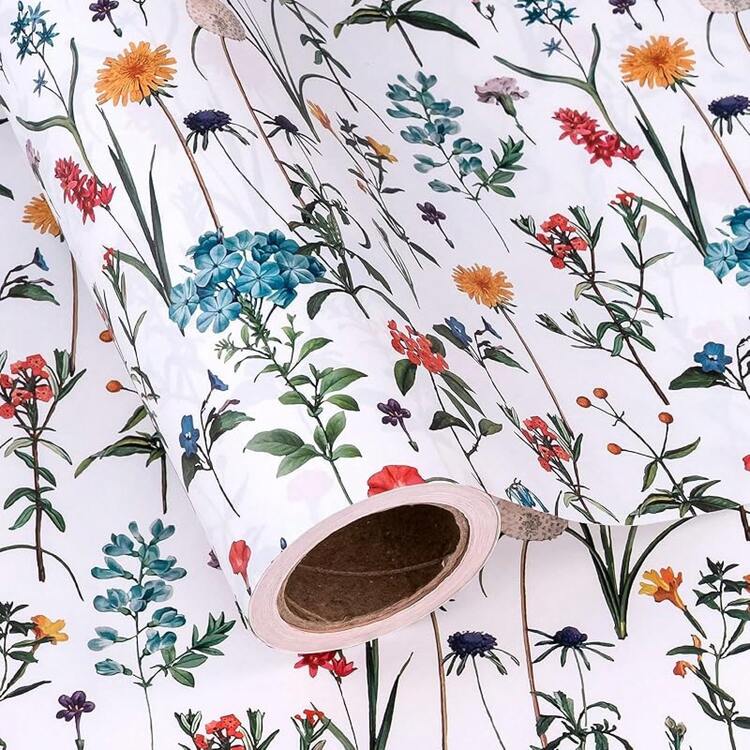 WRAPAHOLIC Kraft Wrapping Paper - Roll - 17 Inch X 16.5 Feet - Green Plant Wrapping Paper Wedding, Birthday, Bridal Shower, Tea Party, Drawer Liners, Home Closet Shelves - 野花(白色) - 查看 2