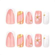 Spring French Press On Nails Medium Square White Fake Nails 3D Pink Flower Nail Press Ons With Gold Pearl Design Gold Nail Tip False Nails Summer Stick On Nails Full Cover Ue On Nails For Women-0345 - Vàng-2 - Xem 5