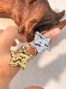1 件时尚法式星星戒指，不锈钢镀 18K 金，黄色海星开口戒指，可调节尺寸，女士百搭戒指，适合母亲节、万圣节、礼物