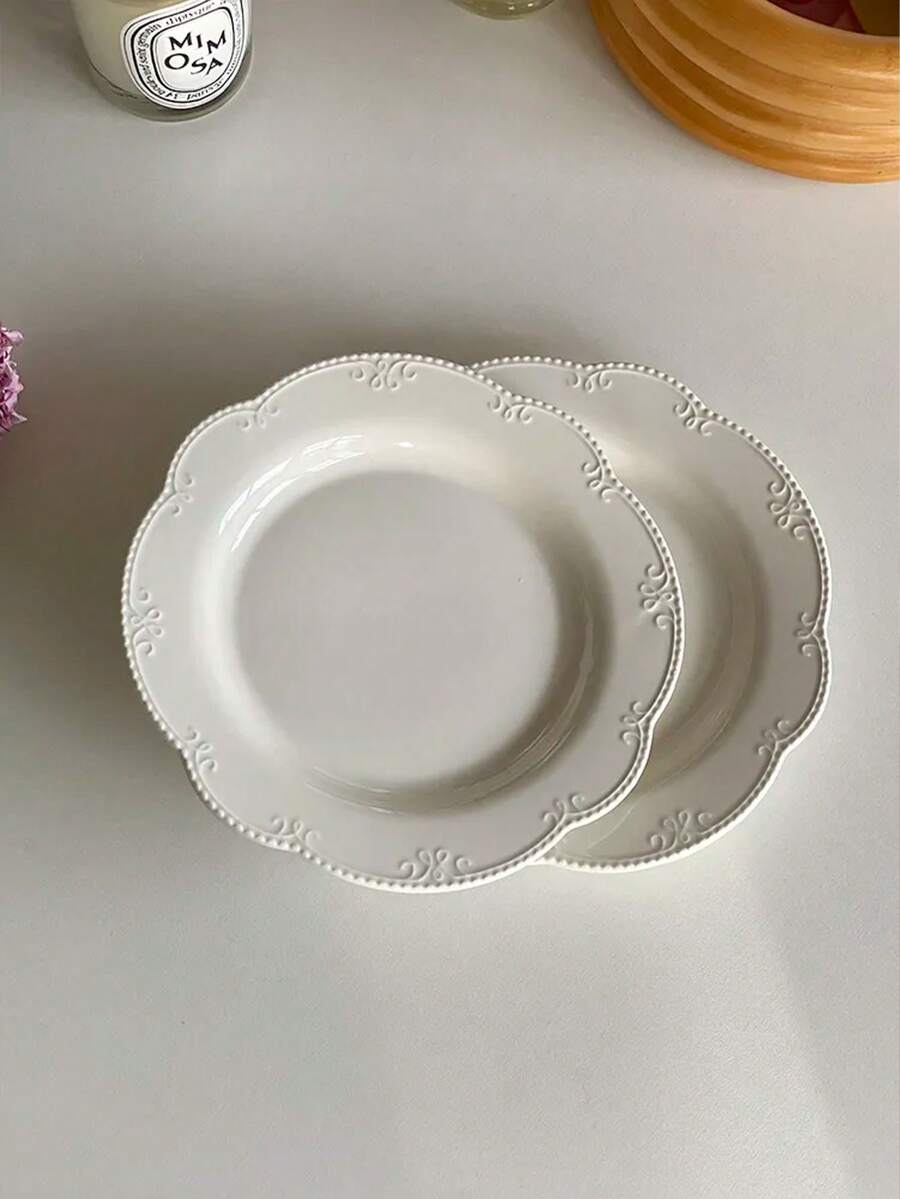 1/2pcs 复古法式ins风高端压花花边白色平盘 甜点盘 蛋糕盘 早餐盘 压花饼干边盘 - 白色 - 查看 1