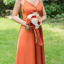 Dusty Blue Wedding Bouquets For Bride Bridesmaid, White Wedding Artificial Roses Flowers For Wedding Bouquets Ceremony, Anniversary - Burnt Orange - View 4