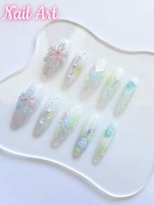 10 片手工按压指甲、假指甲、夏季指甲、美容美甲、长椭圆形按压指甲、适合女士和女孩日常或假日佩戴、高端优质美甲用品 - 彩色 - 查看 1