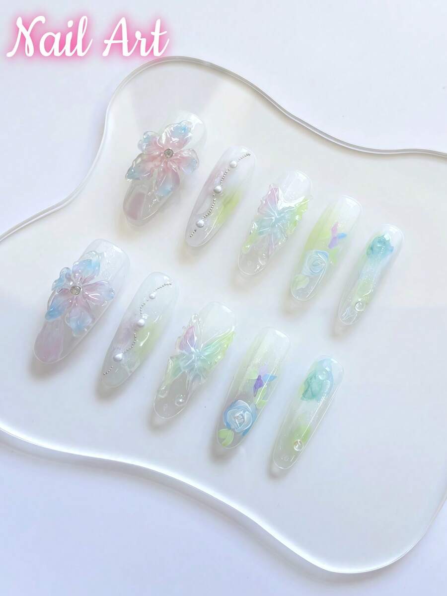 10 片手工按压指甲、假指甲、夏季指甲、美容美甲、长椭圆形按压指甲、适合女士和女孩日常或假日佩戴、高端优质美甲用品 - 彩色 - 查看 1