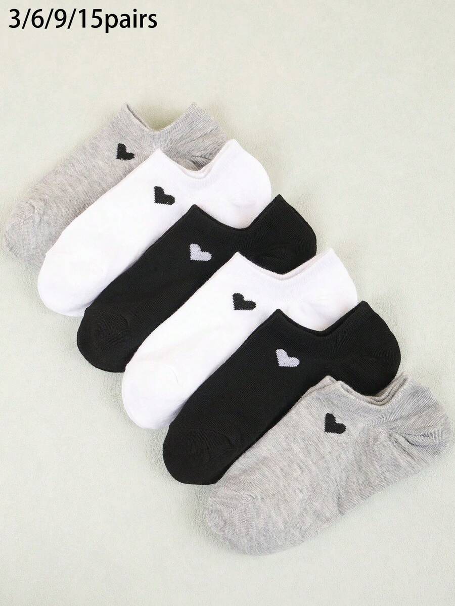3/6/9/15双装男女通用爱心透气低帮袜，时尚百搭休闲袜，隐形袜，吸湿排汗简约风格，适合所有季节和场合 - 彩色 - 查看 1
