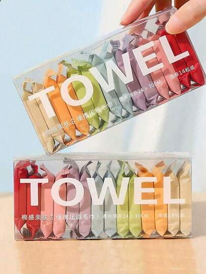 A Pack Of 14 Pieces Compressed Disposable Washcloths Travel Portable Facial Cleansing Towel Thickened Wet And Dry Dual-Use Travel Essentials Travel Accessories Compact And Portable Honeymoon Use Compressed Disposable Washcloths Travel Portable Facial Cleansing Towel  Travel Holiday Essentials,Disposable Compressed Face Towel, Expanding To About 24cm*30cm When Exposed To Water.