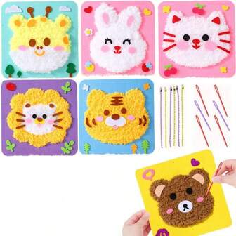随机半件套卡通刺绣套装，适合初学者，可爱动物缝纫套装，手工柔软线编织针线DIY手工缝纫套装，儿童礼物