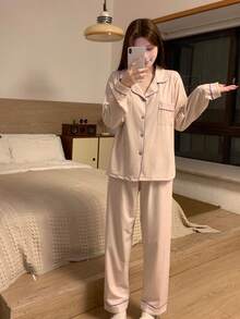 2pcs Women Striped Pajama Set, Purple & Pink, Button-Up Long Sleeve Top And Loose Pants, Comfortable Sleepwear For Home Use, Suitable For Spring And Autumn, Fall Winter Clothes