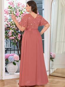 Butterfly Sleeve V-Neck Floral Lace Patchwork Chiffon Diamond Belt Long Evening Dress, Suitable For Wedding Guests, Valentine's Day, Summer, Birthday, Graduation, Back To School And Other Occasions - Dusty Pink - View 3