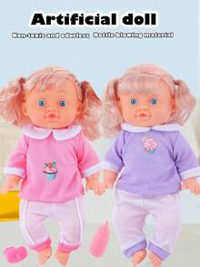 26厘米逼真娃娃，可小便和喝水，带4种音效，包含奶瓶和奶嘴，粉色小床，儿童过家家玩具礼物（服装图案随机） - 粉紅色(衣服印刷圖案隨機發 - 查看 15