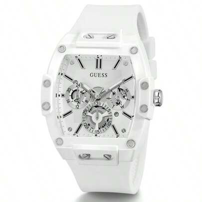 Guess Relógio masculino multifuncional Phoenix GW0203G2 com pulseira de silicone branca e mostrador tonneau. Ideal para uso diário, estilo urbano e esportivo. Ótimo presente para namorados e amigos. Presente perfeito para o Natal.