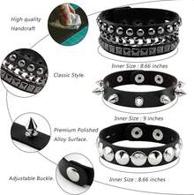 Eigso 3 Pcs Leather Punk Bracelets Men Women Of Rock Rivet Wrap Retro Spike Bracelet Adjustable - 黑色+銀色1 - 查看 4