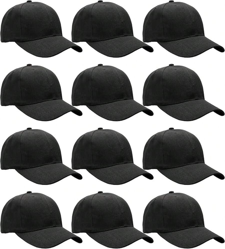 Bulk Lot 12-Pack Adjustable Size Plain Blank Solid Color Baseball Caps - Black - View 1
