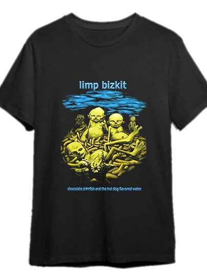 Camiseta gráfica de estrella de mar de chocolate y fudge caliente de Limp Bizkit - Camiseta de manga corta de moda urbana para hombres con estampado de calavera, 95% poliéster 5% spandex, ajuste regular, mercancía de concierto de verano, solo lavado a mano, ropa casual, moda alternativa, tela elástica, moda urbana, camiseta de banda de rock, impresión duradera, camiseta coleccionable, amantes del hiphop