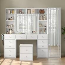 Yanosaku Vanity Desk With Full-Length & LED Mirror, 14 Drawers, 10 Shelves, Hidden Storage, Power Outlet, Dimmable 3-Color Lighting, White Makeup Vanity For Bedroom - 查看 3