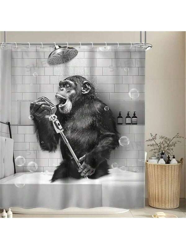 1pc Fun Monkey Shower Curtain , Including Waterproof Shower Curtain With 12 Plastic Hooks, Black And White Animal Gorilla Singing In The Bathtub Men's Modern Cool Waterproof Bathroom Home Decoration Accessories Bathroom Decor