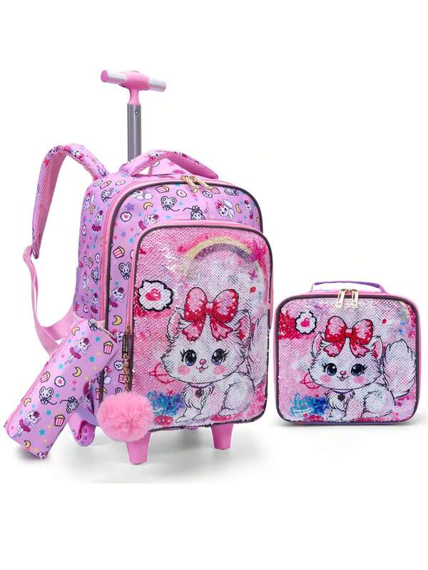 BLING BABIES 3 件套女童滚轮背包，可爱卡通猫咪亮片设计滚轮包，带午餐盒和笔袋，夜光功能，粉色