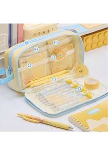 Large Size Japanese Style Canvas Pencil Case With Transparent Window - Essential For Daily Office Use - Multicolor - View 5