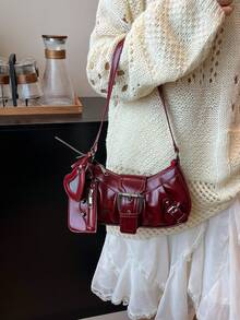 1pc Women's Vintage Mad Max Punk Wanderer Motorcycle Bag With Rivet Decoration, Adjustable Shoulder Strap, Large Capacity, Soft Faux Oil Wax Gradient Color, One Shoulder Underarm Bag, Baguette Bag, Square Bag, Suitable For Work, Commute, Date, Party - Burgundy - View 4